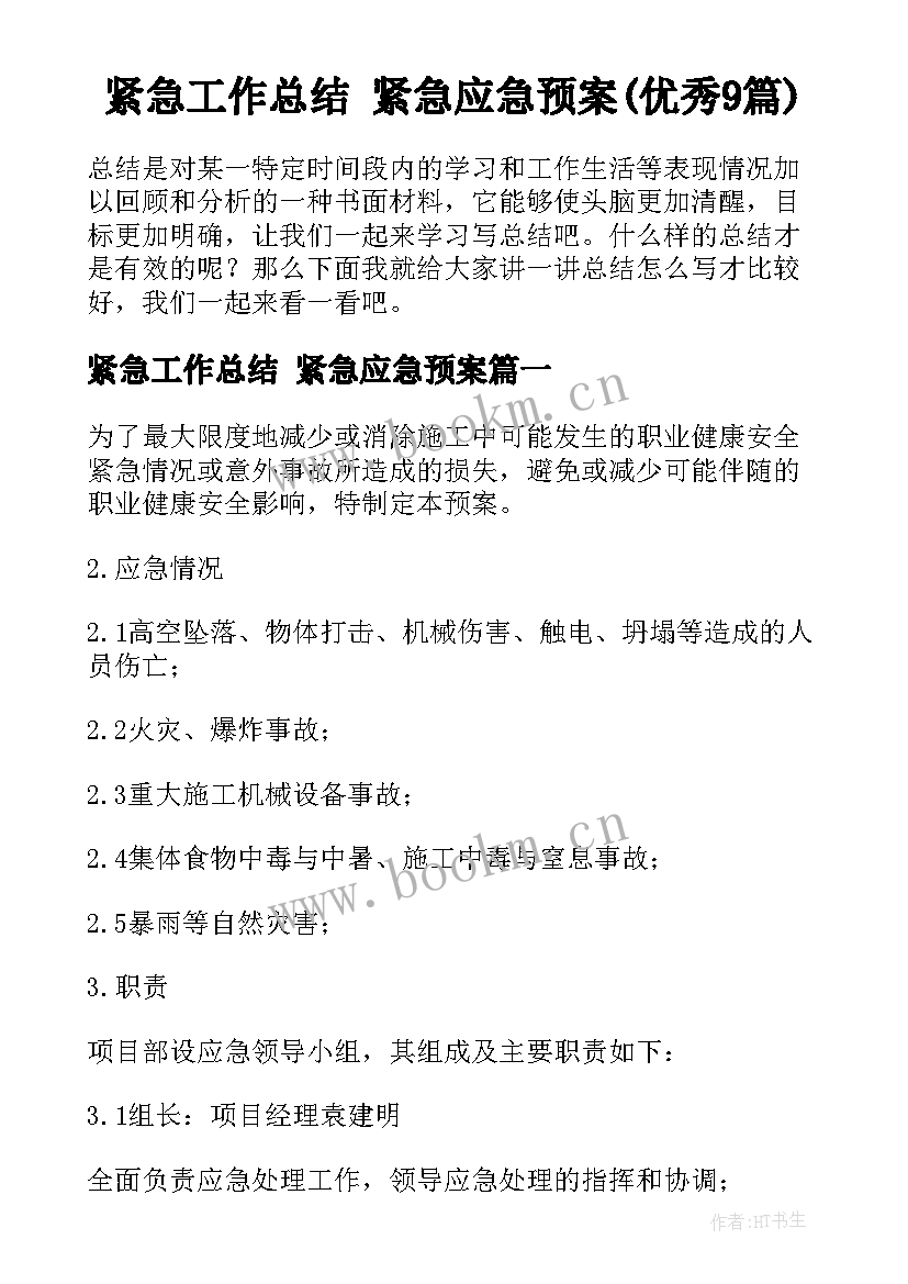 紧急工作总结 紧急应急预案(优秀9篇)