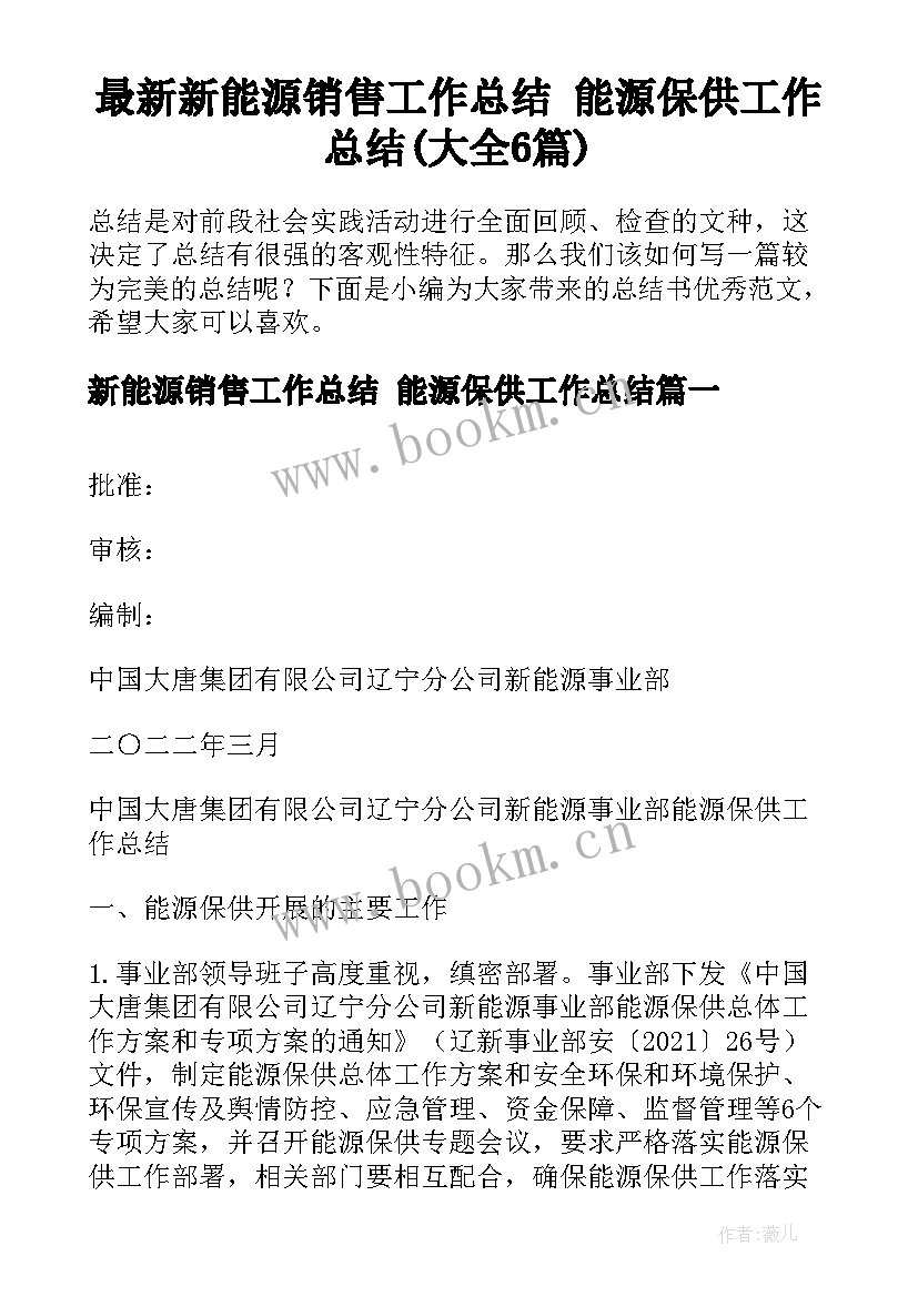 最新新能源销售工作总结 能源保供工作总结(大全6篇)