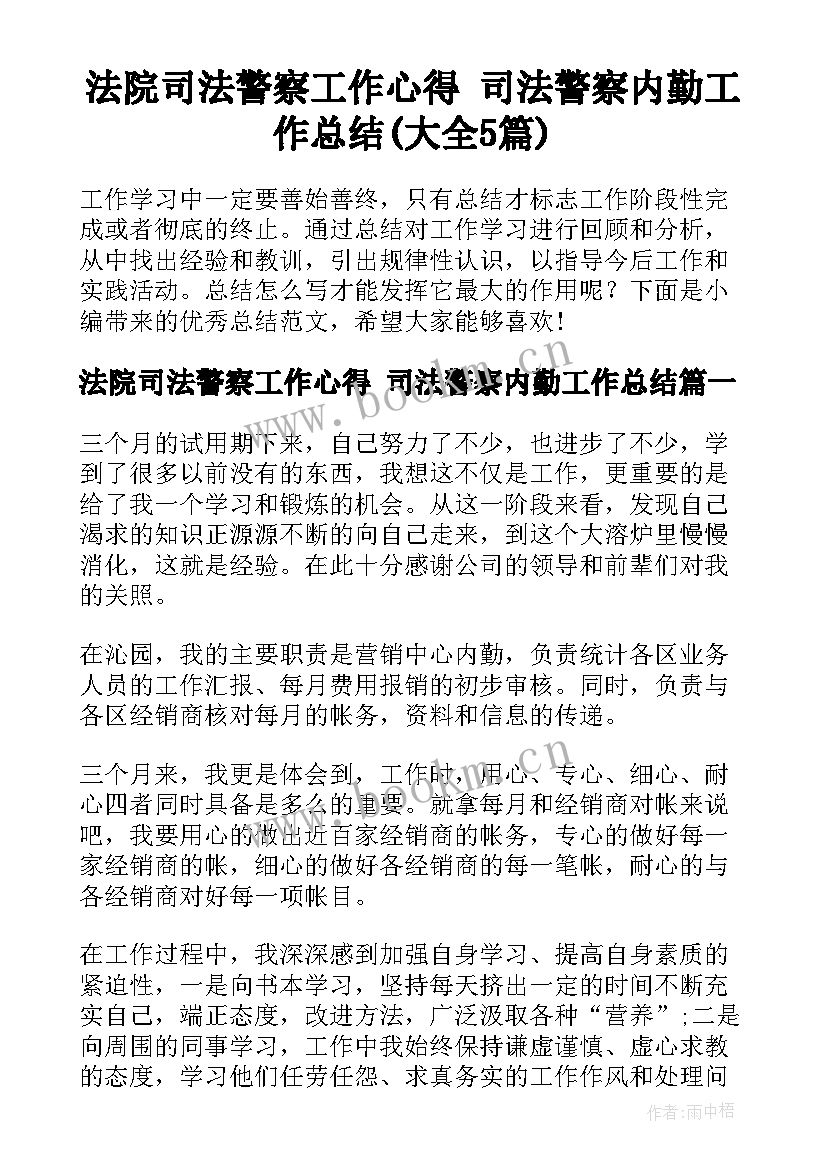 法院司法警察工作心得 司法警察内勤工作总结(大全5篇)