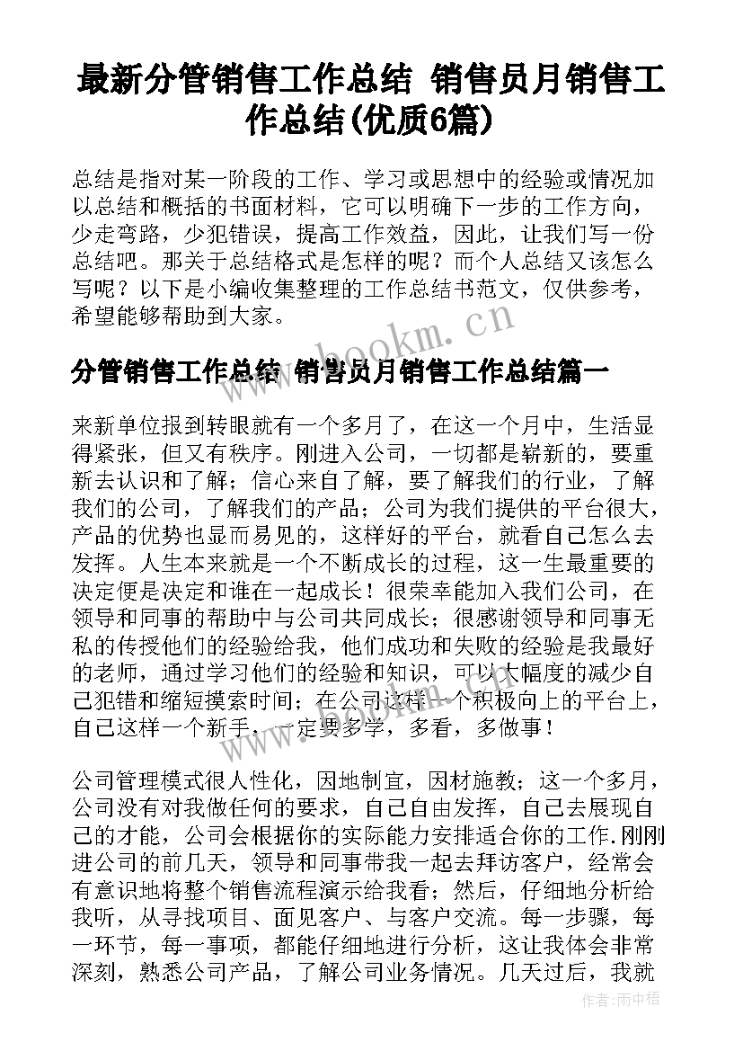 最新分管销售工作总结 销售员月销售工作总结(优质6篇)