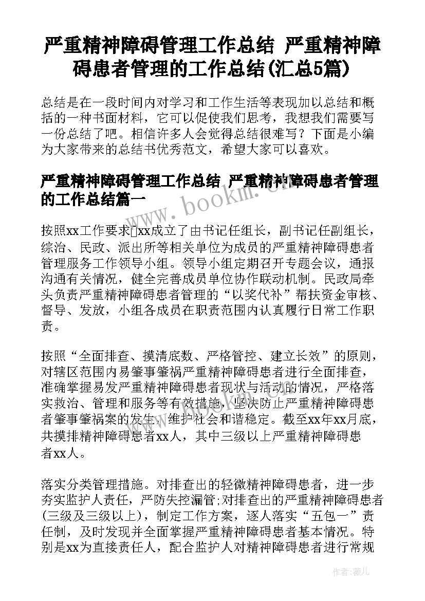 严重精神障碍管理工作总结 严重精神障碍患者管理的工作总结(汇总5篇)