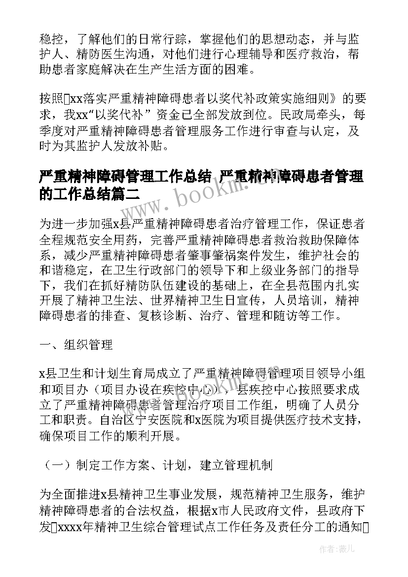 严重精神障碍管理工作总结 严重精神障碍患者管理的工作总结(汇总5篇)