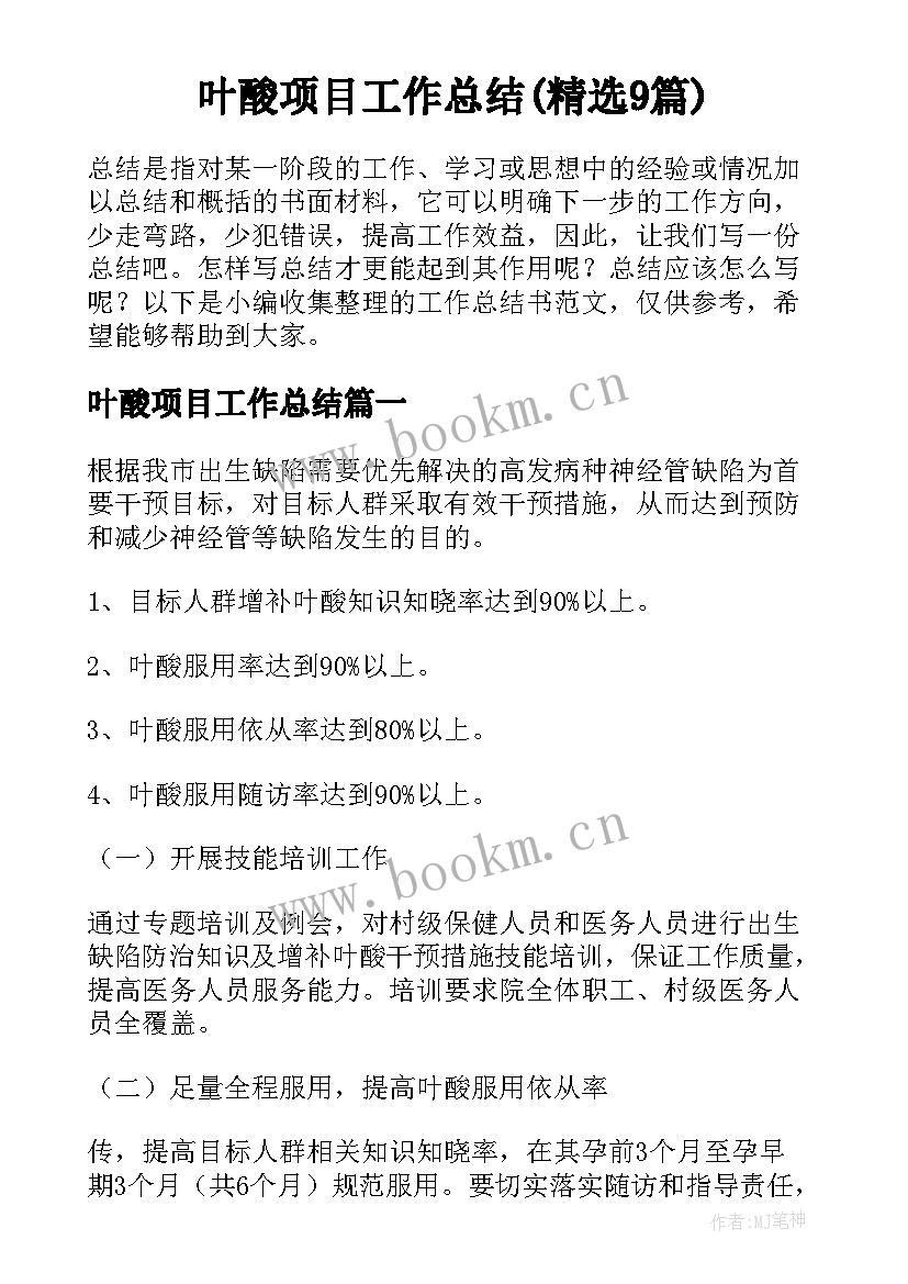 叶酸项目工作总结(精选9篇)