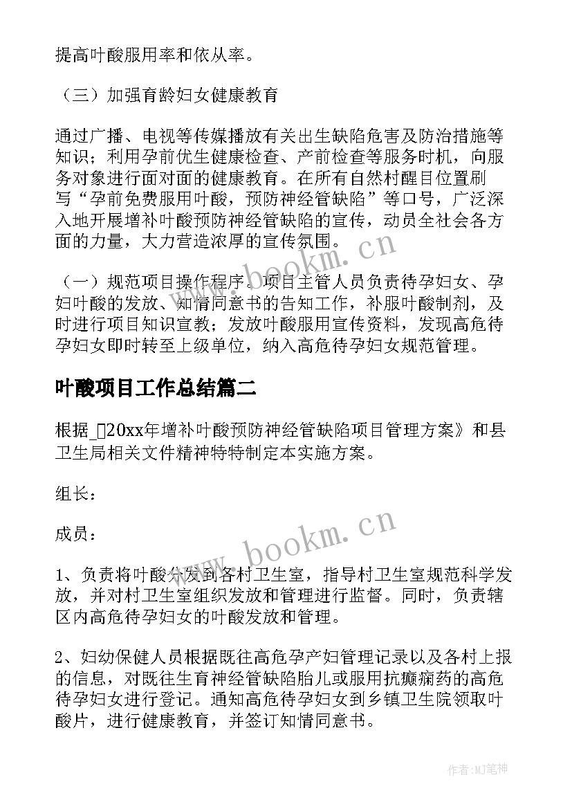 叶酸项目工作总结(精选9篇)