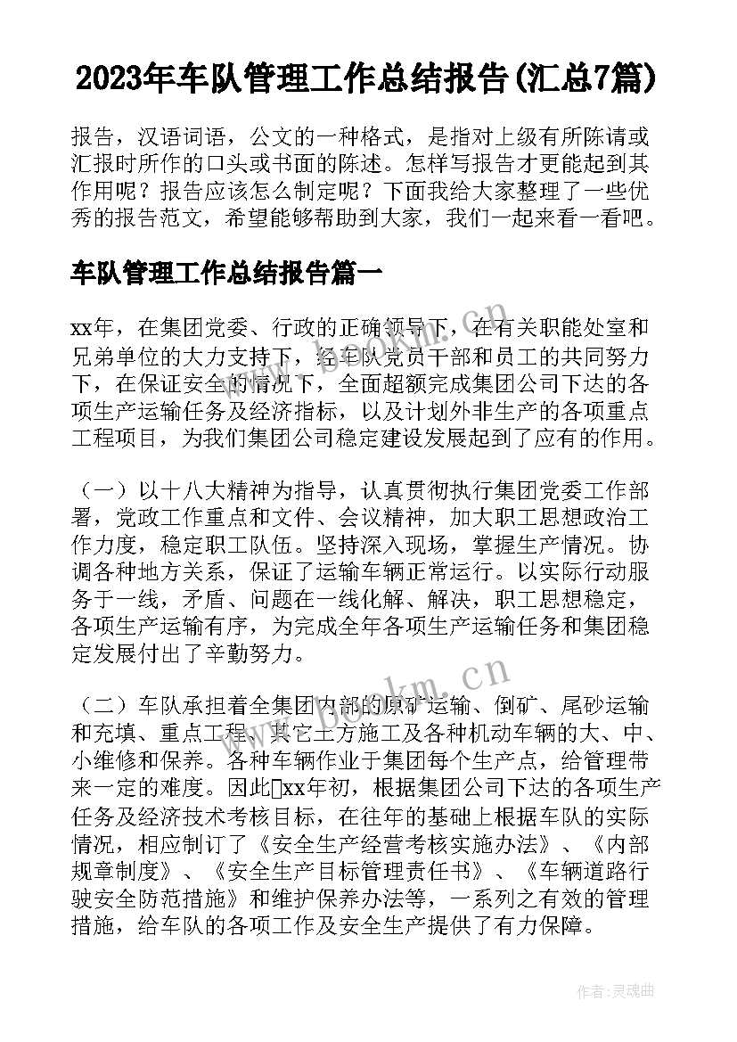 2023年车队管理工作总结报告(汇总7篇)