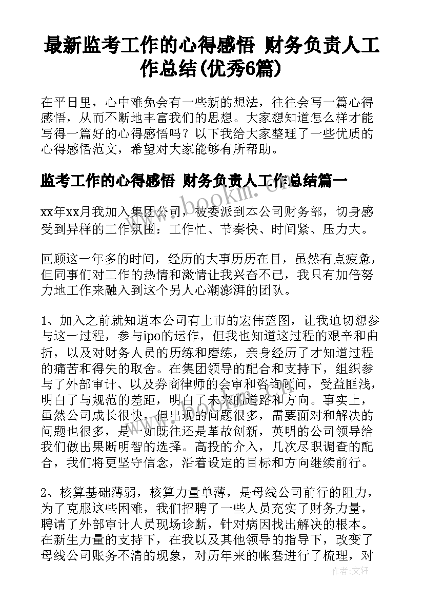 最新监考工作的心得感悟 财务负责人工作总结(优秀6篇)