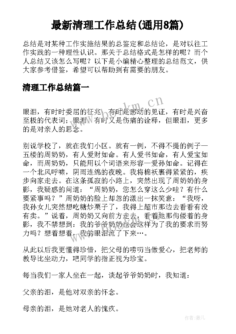 最新清理工作总结(通用8篇)