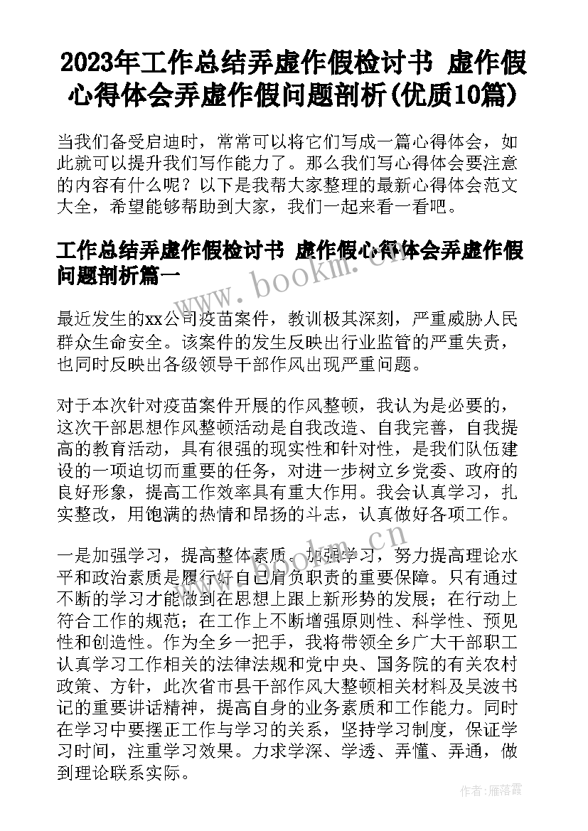 2023年工作总结弄虚作假检讨书 虚作假心得体会弄虚作假问题剖析(优质10篇)