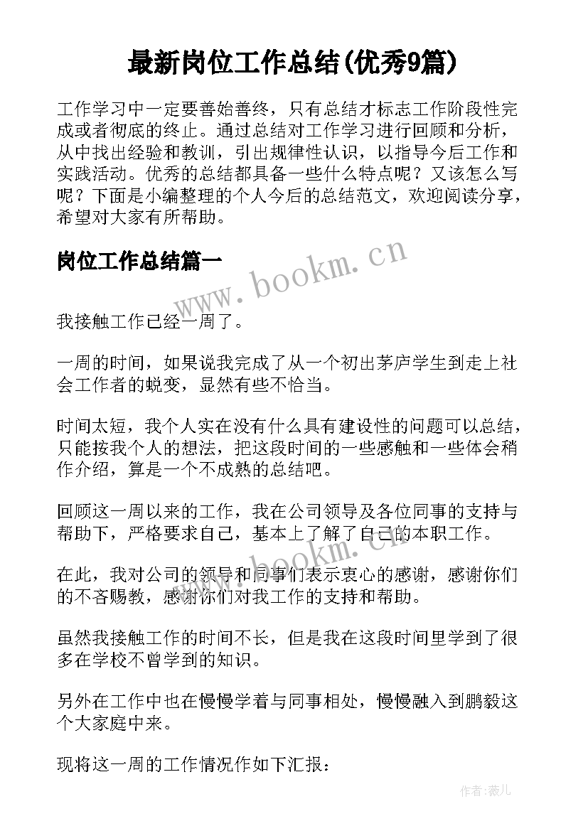 最新岗位工作总结(优秀9篇)