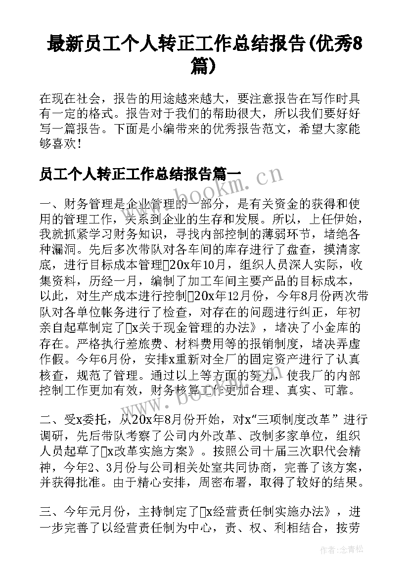 最新员工个人转正工作总结报告(优秀8篇)