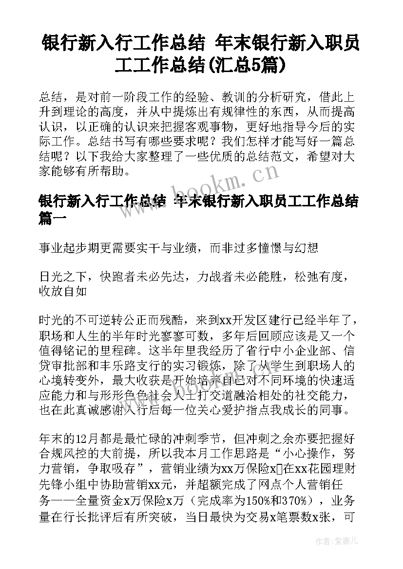 银行新入行工作总结 年末银行新入职员工工作总结(汇总5篇)