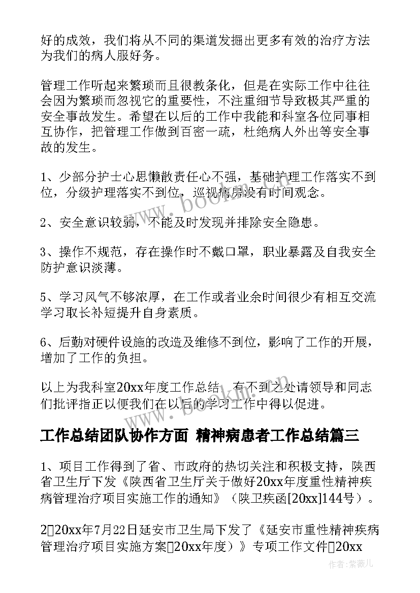 2023年工作总结团队协作方面 精神病患者工作总结(通用9篇)