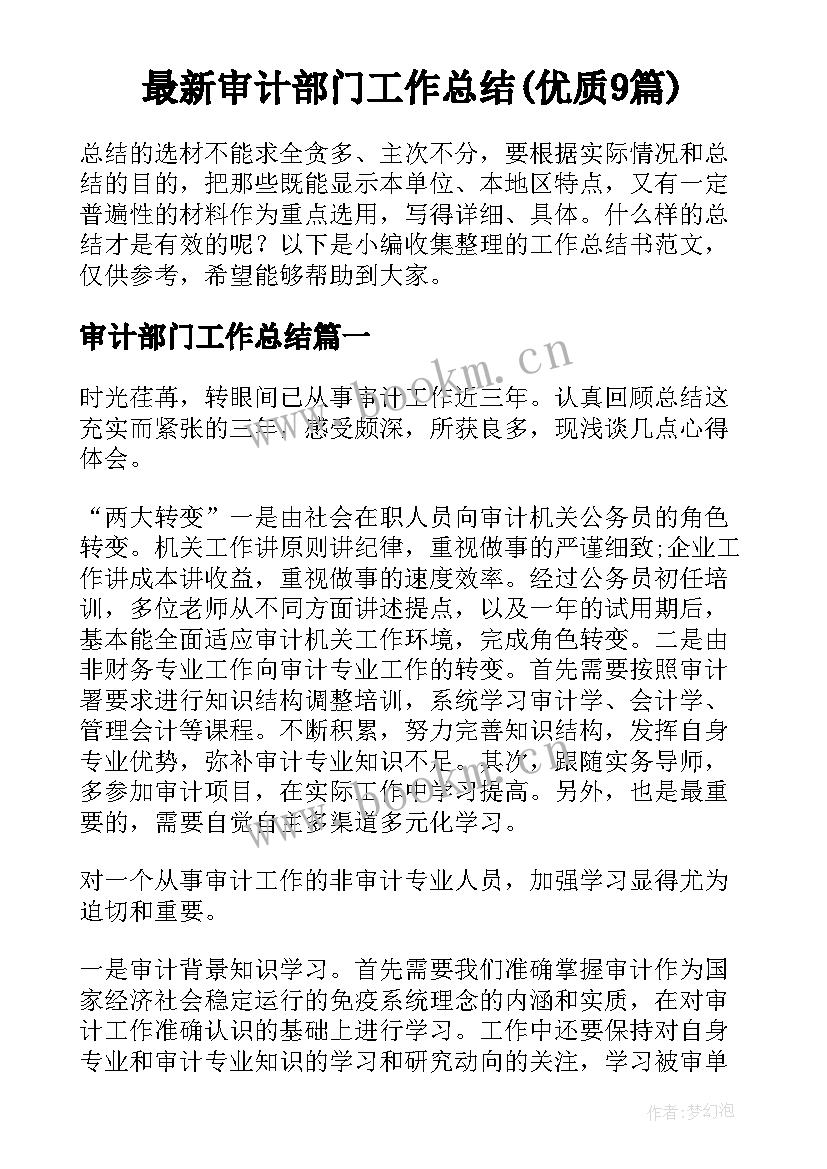 最新审计部门工作总结(优质9篇)