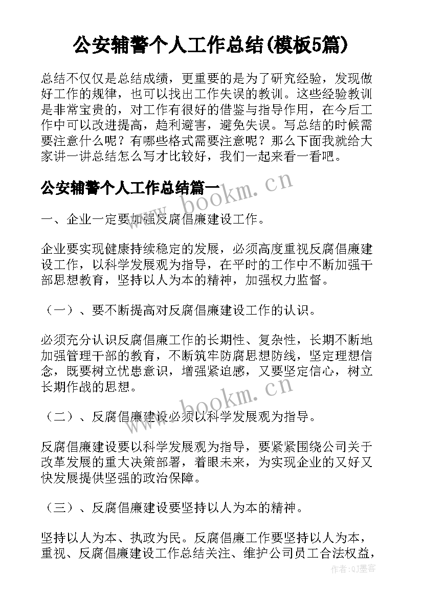 公安辅警个人工作总结(模板5篇)