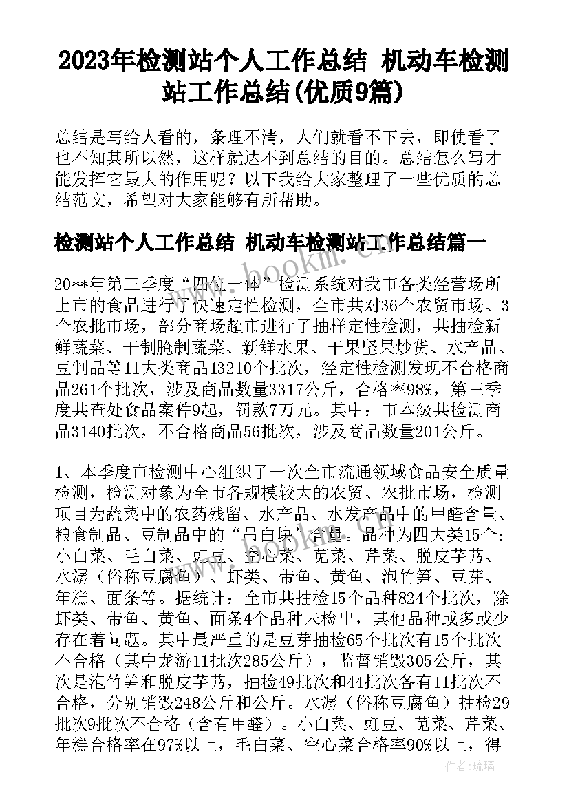 2023年检测站个人工作总结 机动车检测站工作总结(优质9篇)