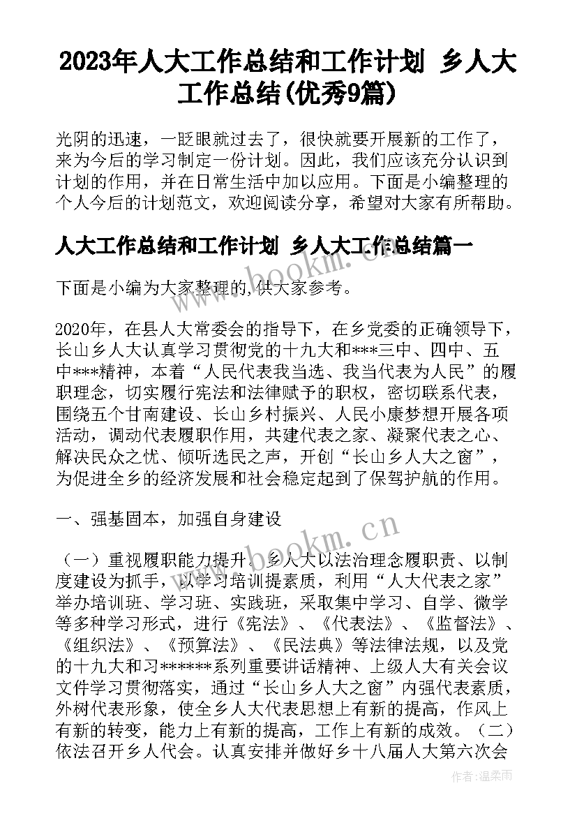 2023年人大工作总结和工作计划 乡人大工作总结(优秀9篇)