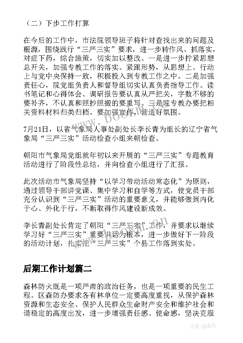 最新后期工作计划(汇总8篇)