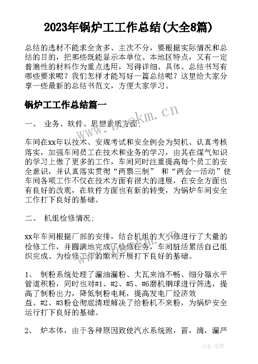 2023年锅炉工工作总结(大全8篇)