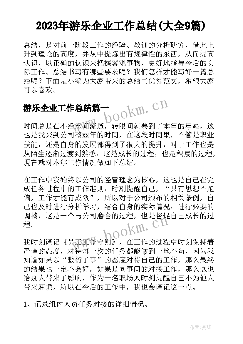 2023年游乐企业工作总结(大全9篇)