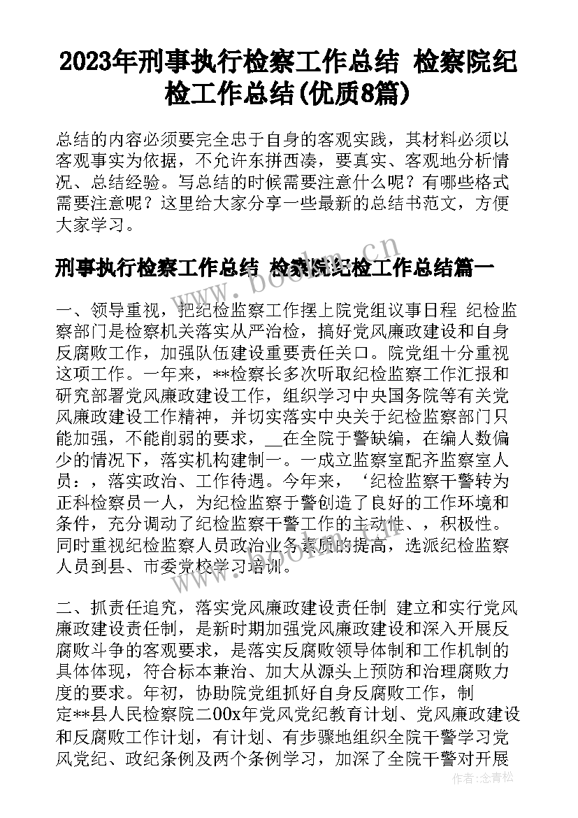 2023年刑事执行检察工作总结 检察院纪检工作总结(优质8篇)