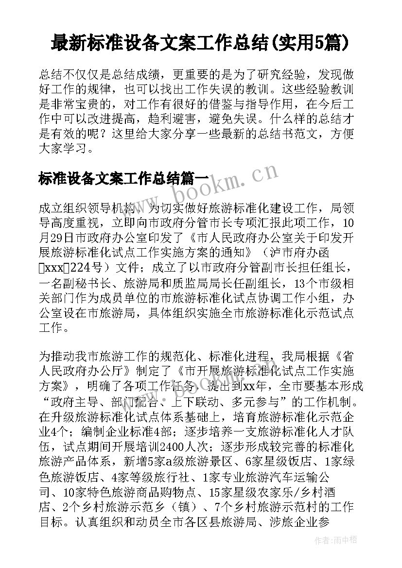 最新标准设备文案工作总结(实用5篇)