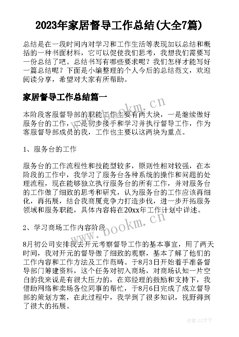 2023年家居督导工作总结(大全7篇)