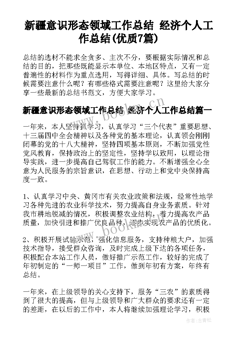 新疆意识形态领域工作总结 经济个人工作总结(优质7篇)