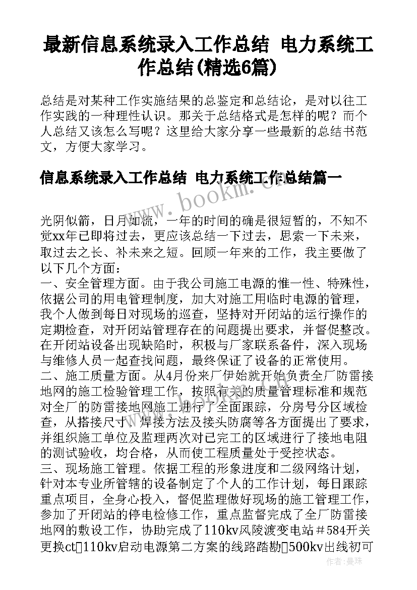 最新信息系统录入工作总结 电力系统工作总结(精选6篇)