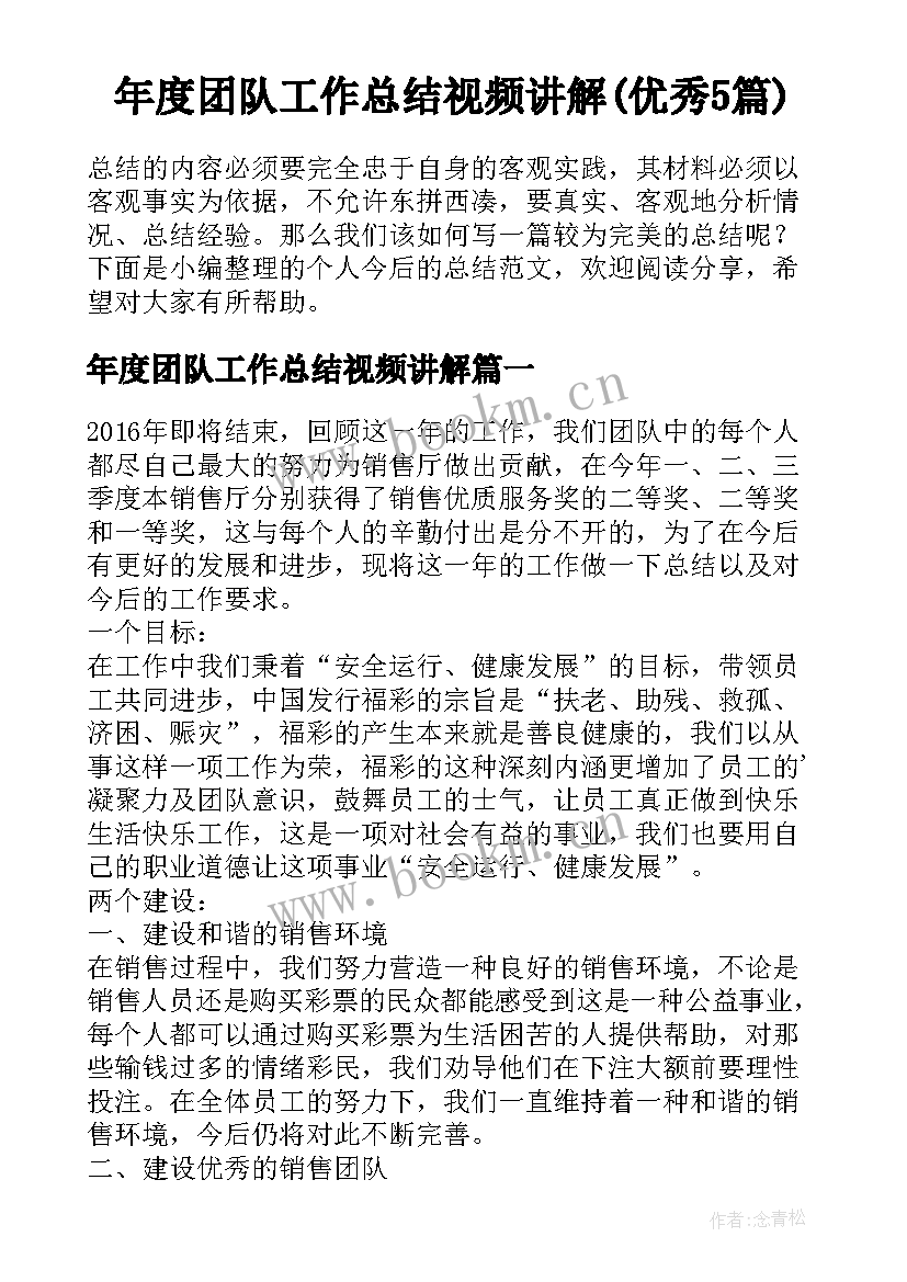 年度团队工作总结视频讲解(优秀5篇)