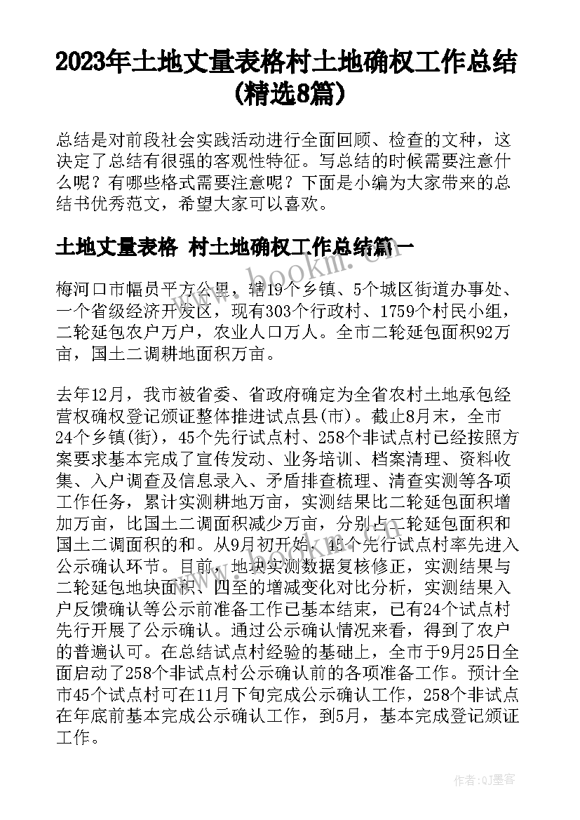 2023年土地丈量表格 村土地确权工作总结(精选8篇)