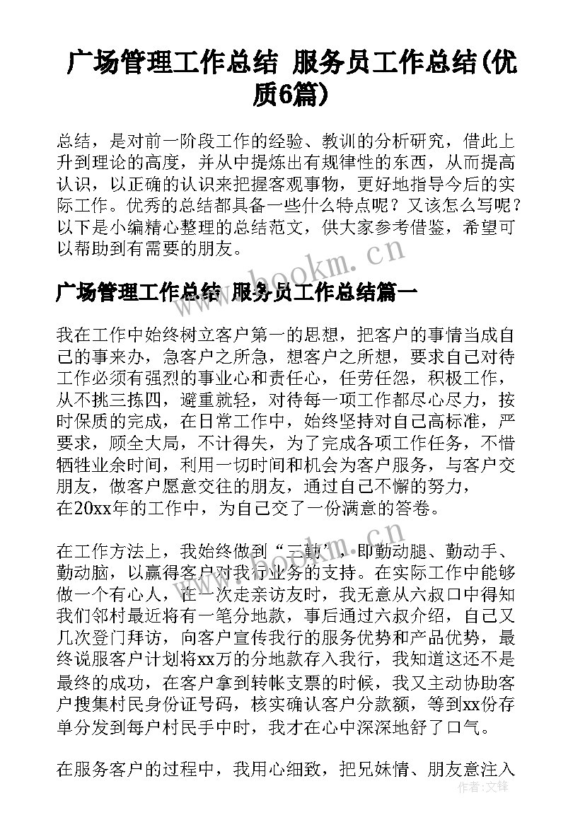 广场管理工作总结 服务员工作总结(优质6篇)