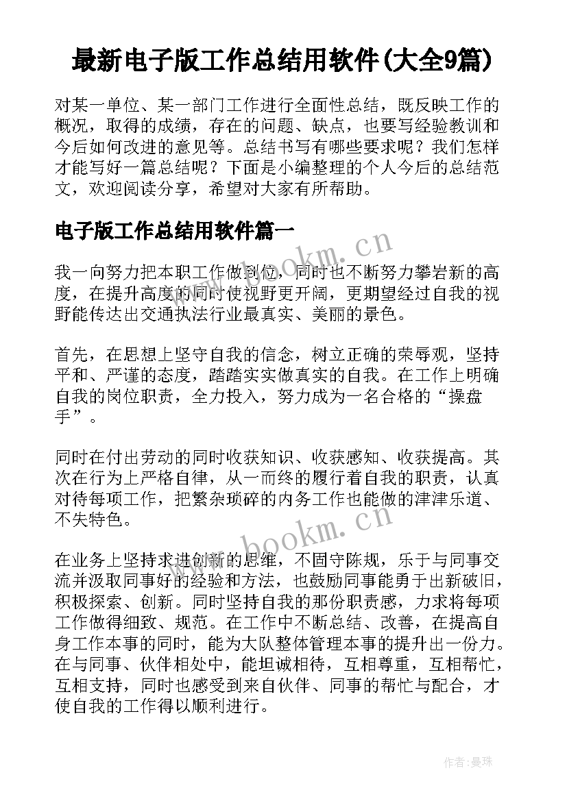 最新电子版工作总结用软件(大全9篇)