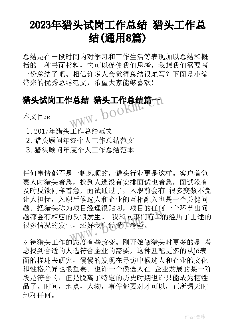 2023年猎头试岗工作总结 猎头工作总结(通用8篇)