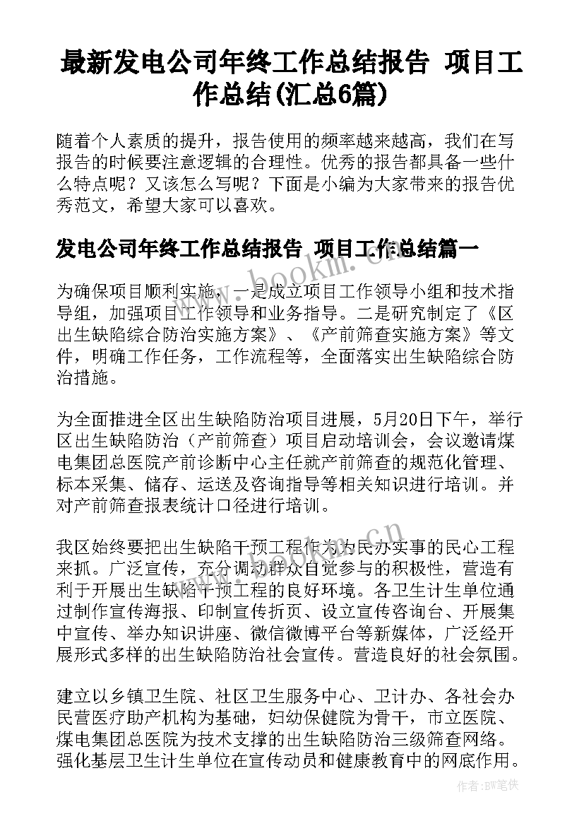 最新发电公司年终工作总结报告 项目工作总结(汇总6篇)