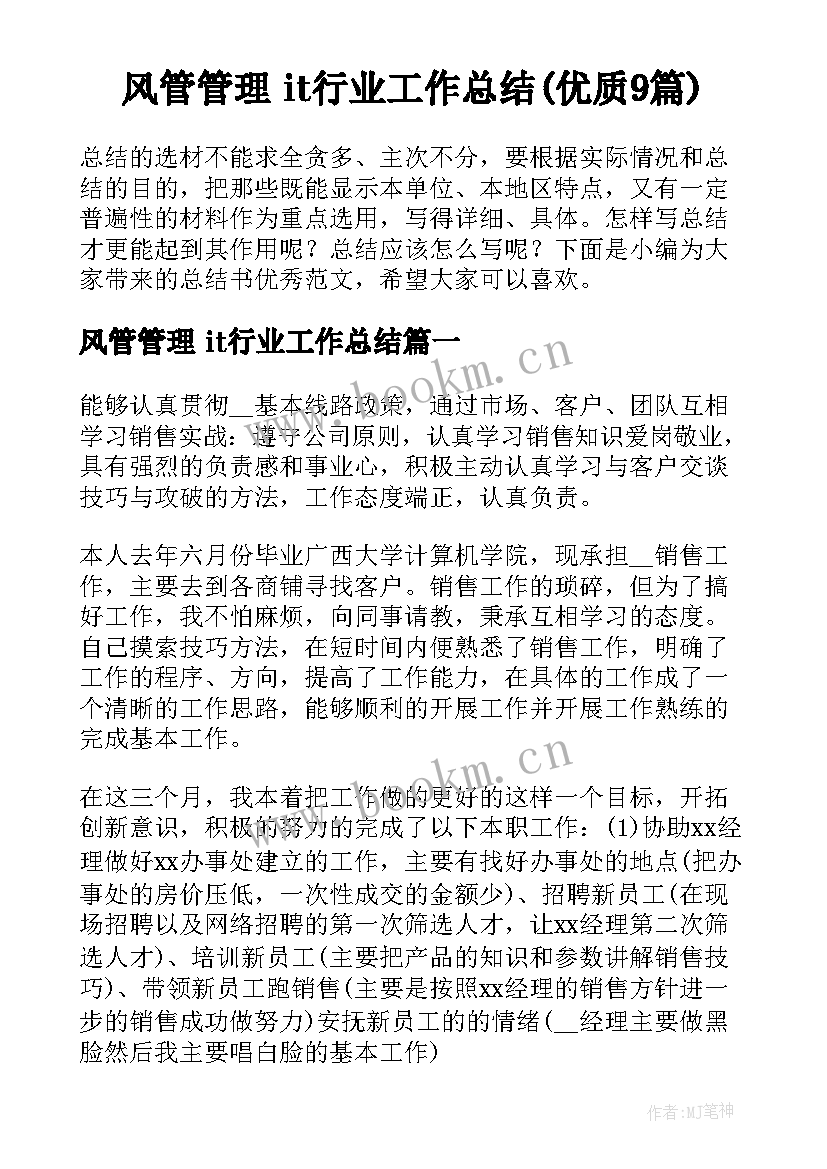 风管管理 it行业工作总结(优质9篇)