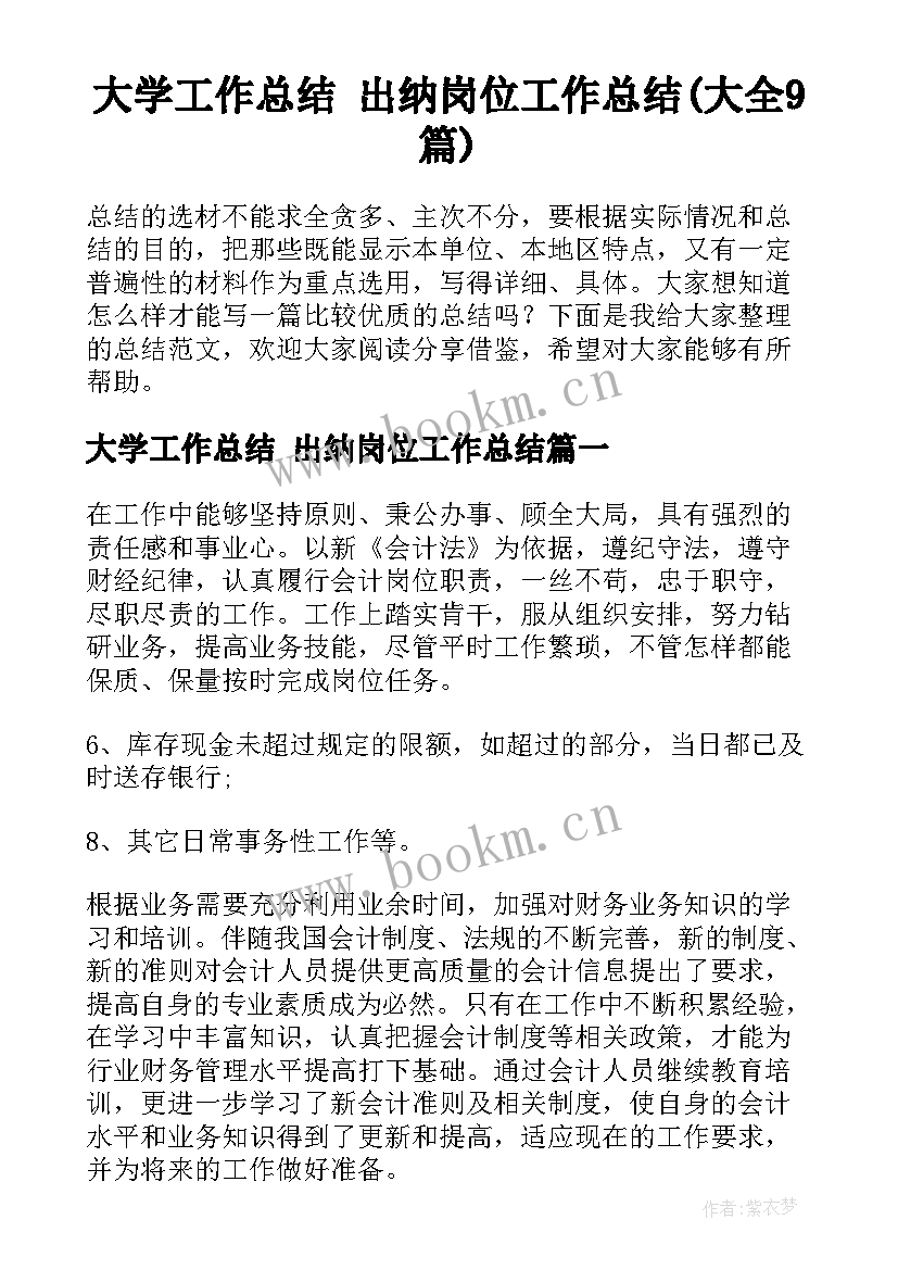 大学工作总结 出纳岗位工作总结(大全9篇)