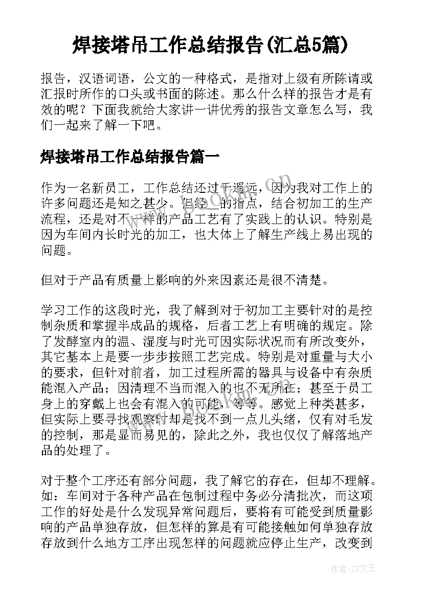 焊接塔吊工作总结报告(汇总5篇)