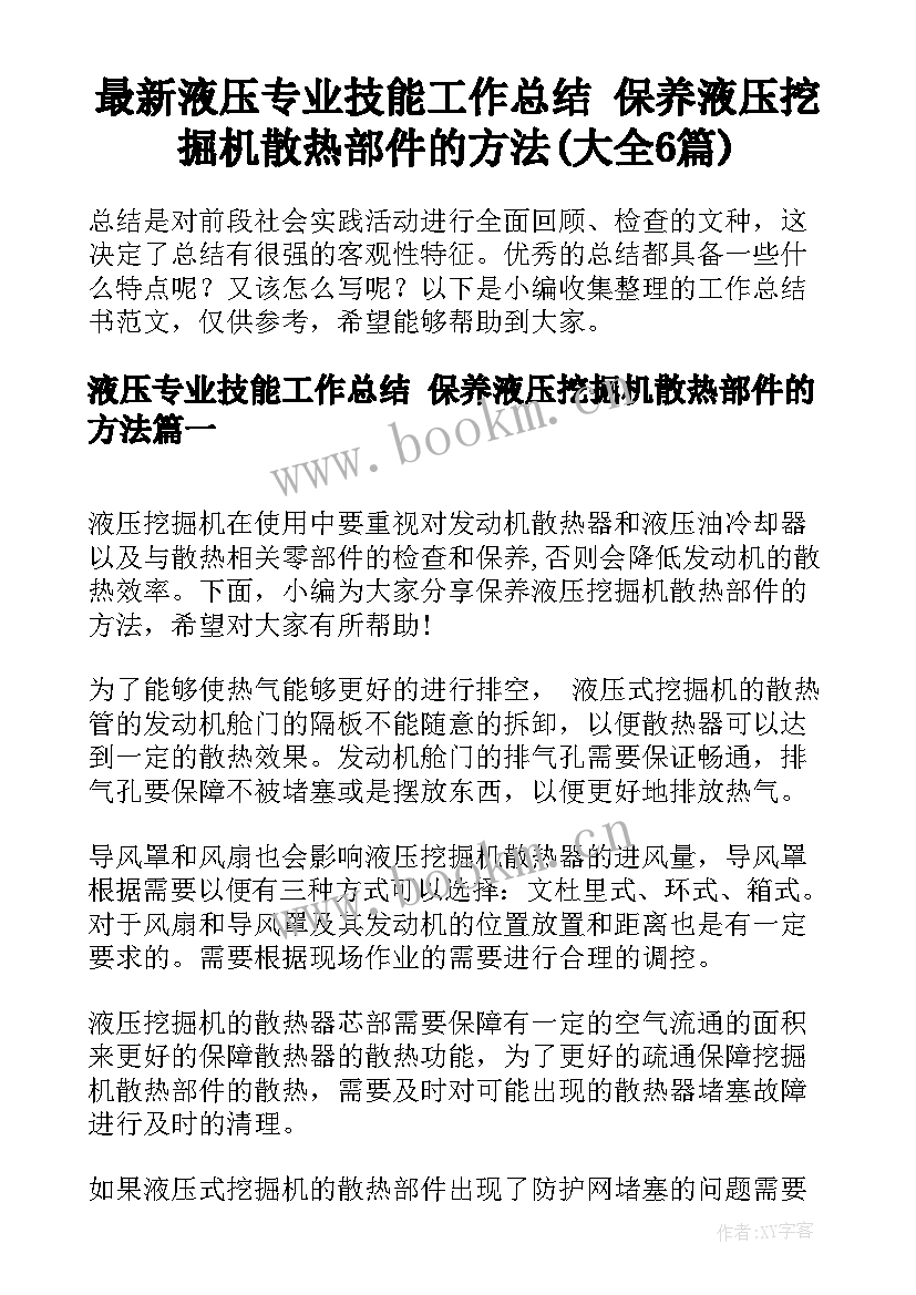 最新液压专业技能工作总结 保养液压挖掘机散热部件的方法(大全6篇)