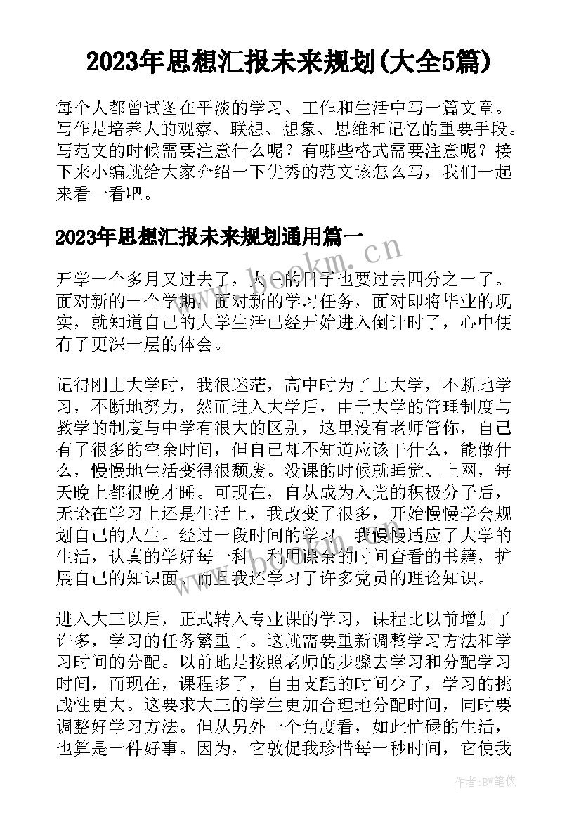 2023年思想汇报未来规划(大全5篇)