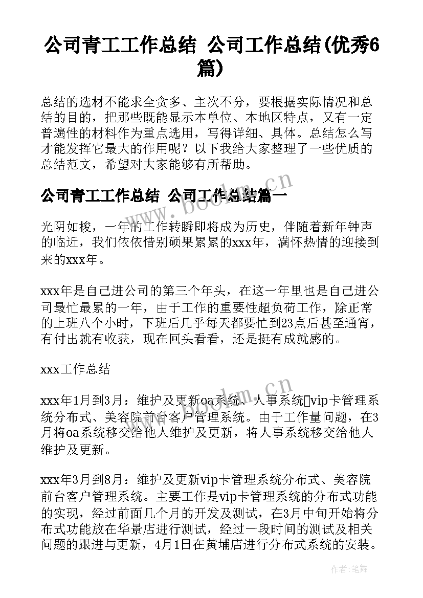 公司青工工作总结 公司工作总结(优秀6篇)