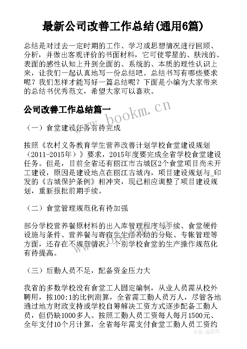 最新公司改善工作总结(通用6篇)