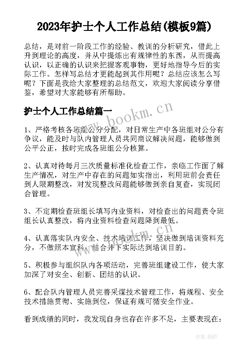 2023年护士个人工作总结(模板9篇)