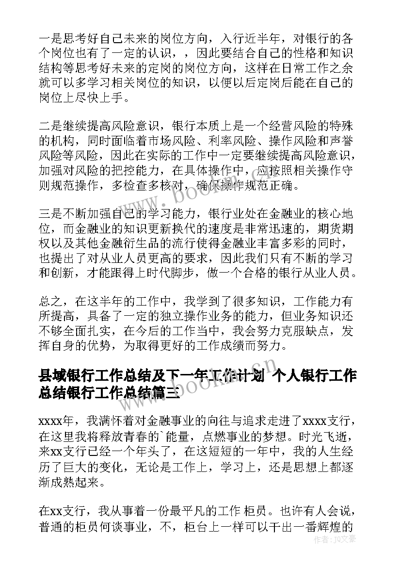 最新县域银行工作总结及下一年工作计划 个人银行工作总结银行工作总结(大全5篇)