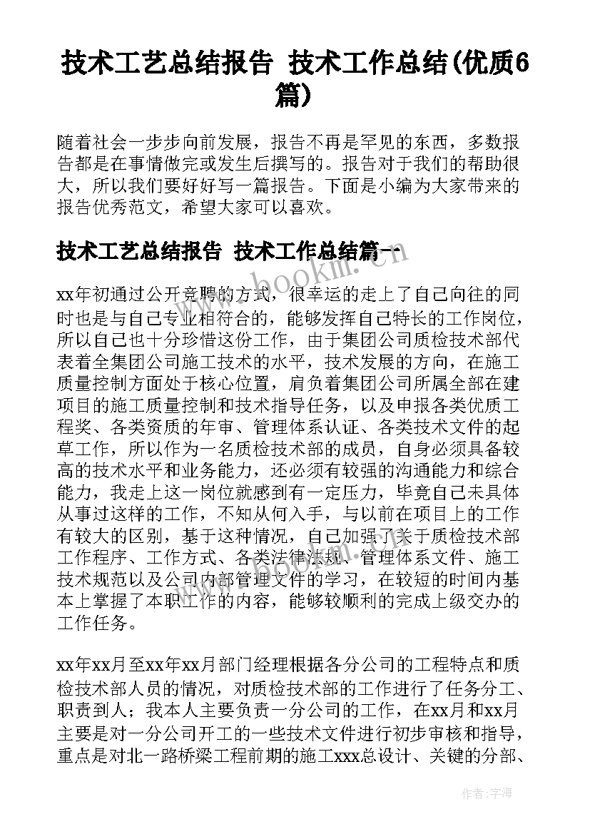 技术工艺总结报告 技术工作总结(优质6篇)