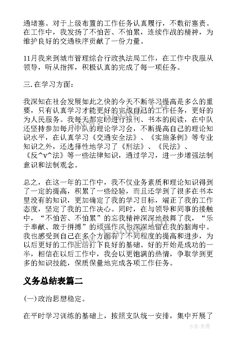 最新义务总结表(模板10篇)