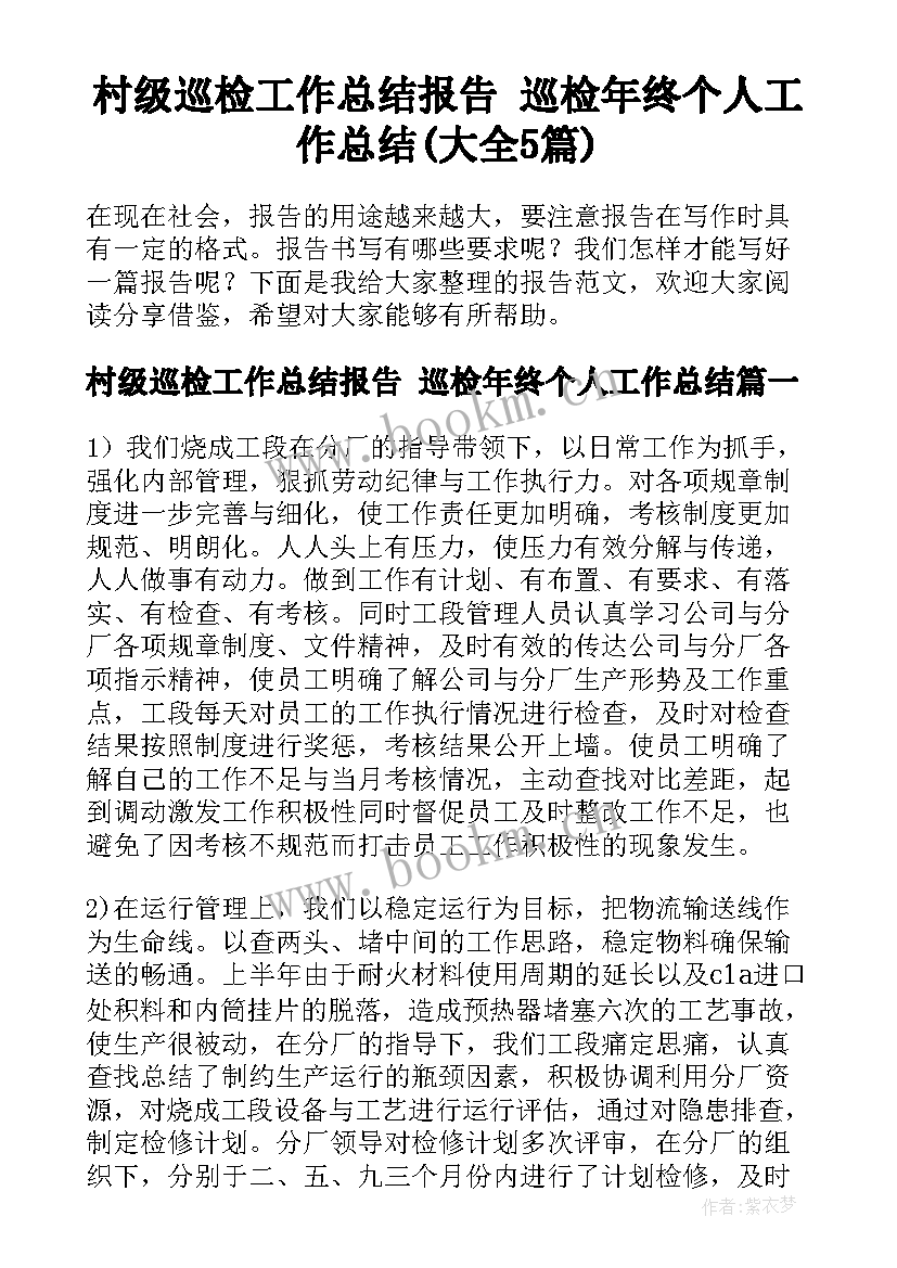 村级巡检工作总结报告 巡检年终个人工作总结(大全5篇)