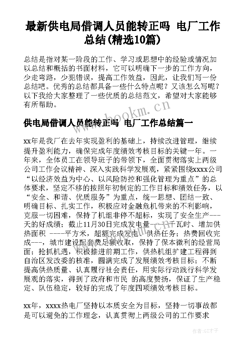 最新供电局借调人员能转正吗 电厂工作总结(精选10篇)