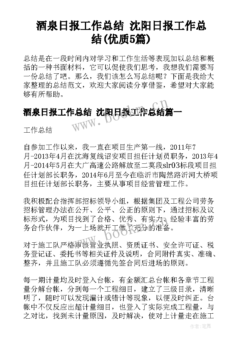 酒泉日报工作总结 沈阳日报工作总结(优质5篇)