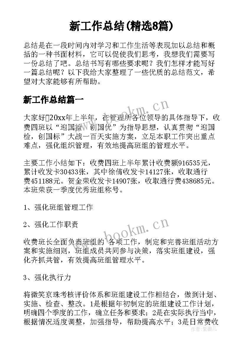 新工作总结(精选8篇)