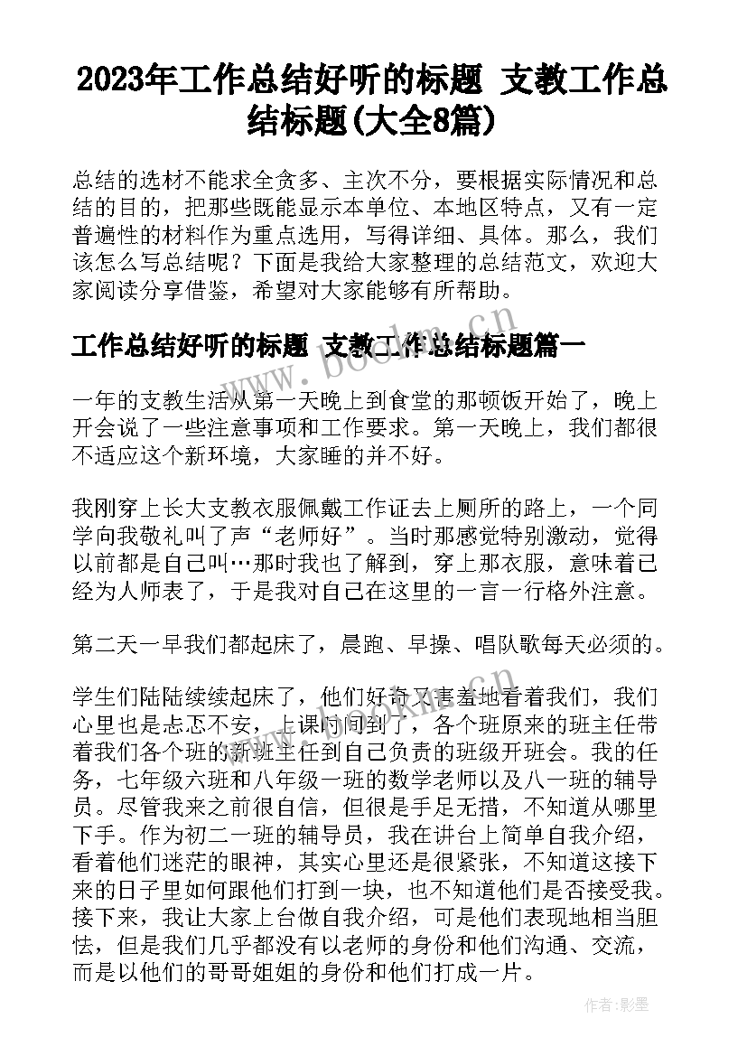 2023年工作总结好听的标题 支教工作总结标题(大全8篇)